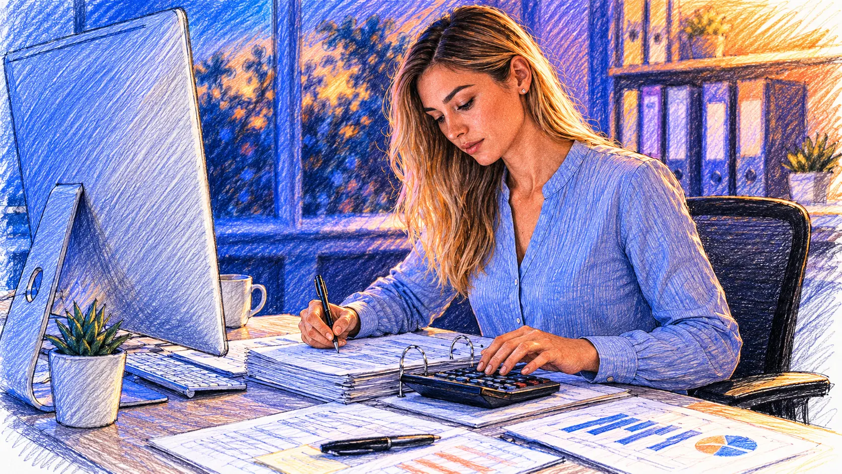 A woman at a desk reviewing paperwork with a calculator and computer