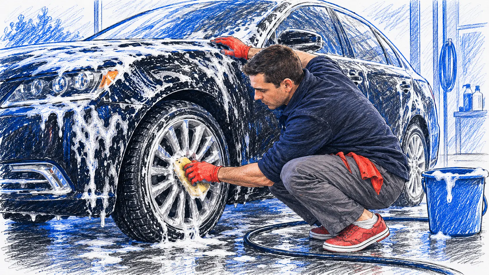 A car detailer crouching beside a soapy car, scrubbing the wheel