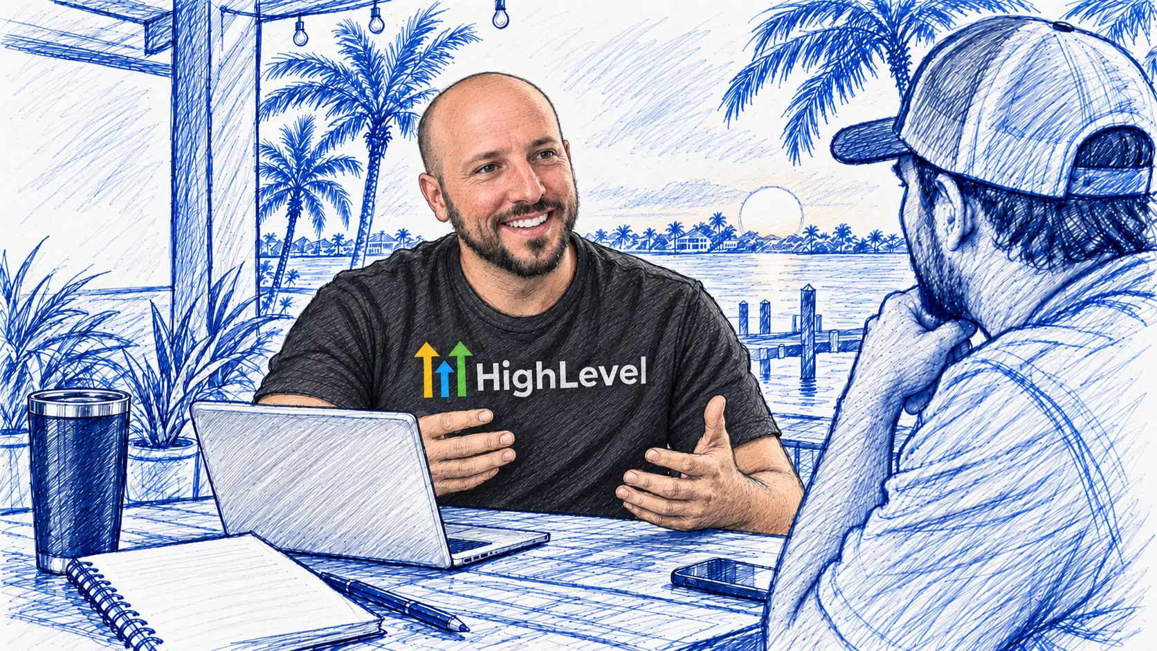 Nicholas Scalice, a HighLevel certified admin, consulting with a local business owner at an outdoor table by the water