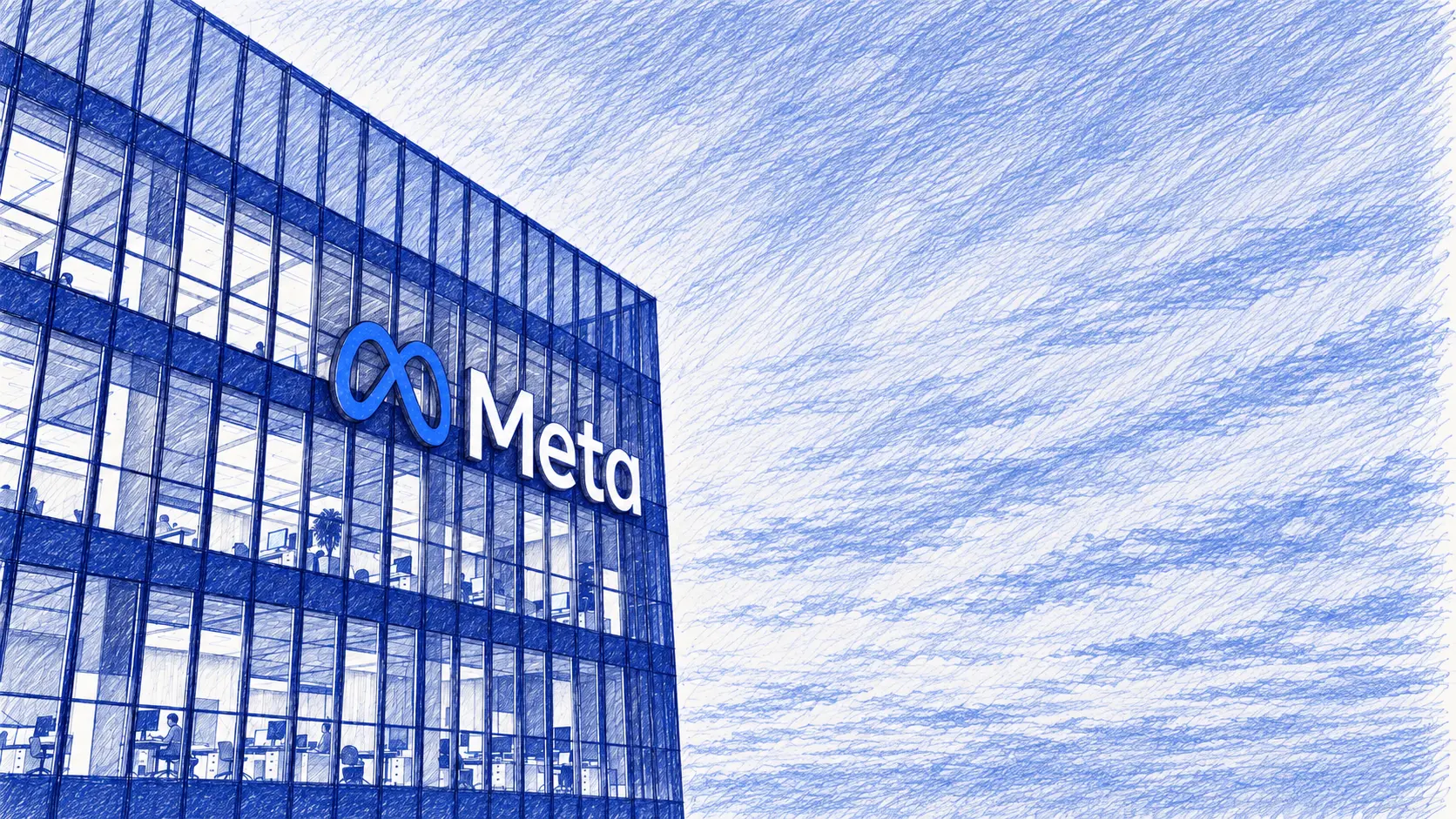 Sketch-style illustration of the Meta headquarters building, representing Facebook and Instagram advertising campaigns for local service businesses