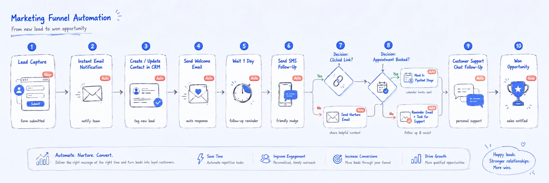 Marketing funnel automation process diagram from lead capture to won opportunity
