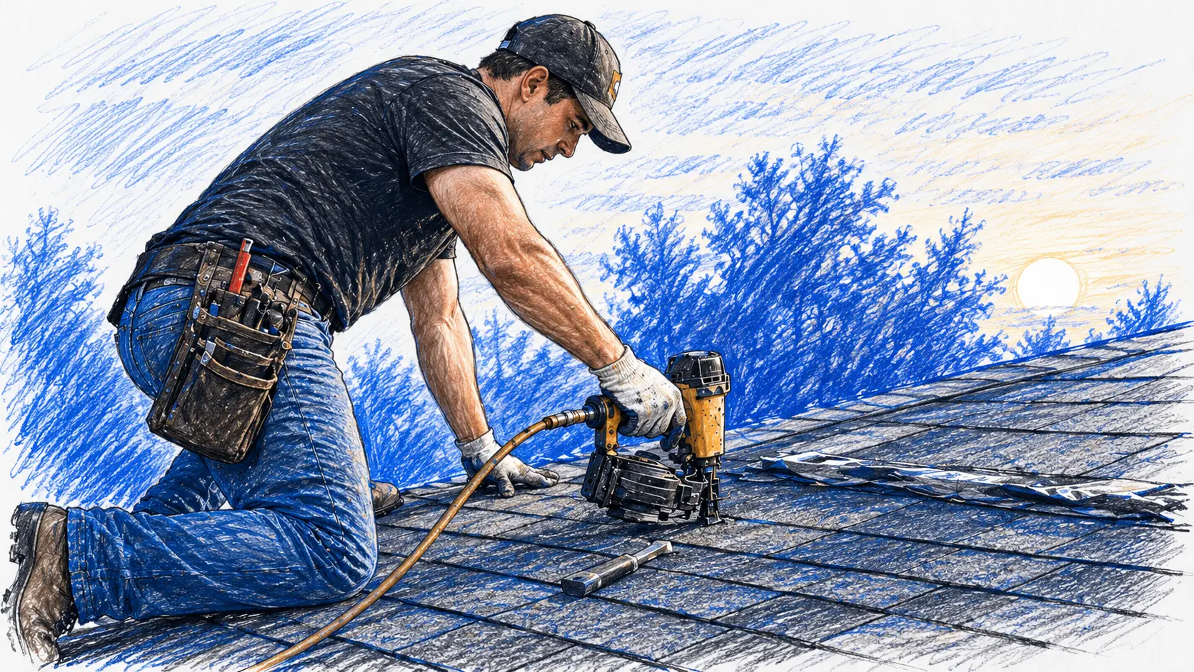 A roofer kneeling on a roof using a nail gun to install shingles
